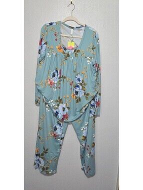 Anydeer Lounge Set 2X Womens Pajamas 2 Pc Teal Floral Square Neck Pleated Casual